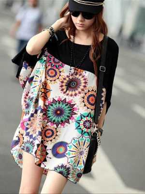 Women Summer Fashion Korean Floral Printed Long Bat Sleeved Loose Tops Blouses