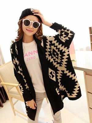 Women Long Sleeve Knit Tribal Aztec Print Open Wrap Front Cardigan Sweaters Tops Sweaters & Cardigans
