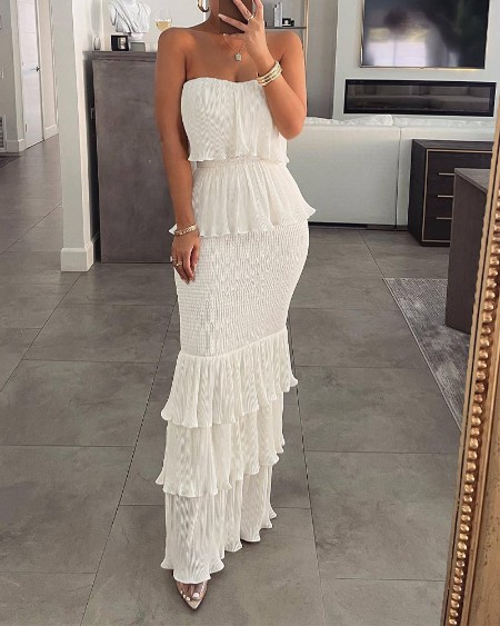 Shirred Ruffle Hem Layered Bandeau Dress