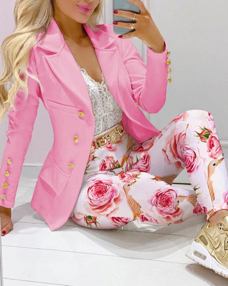 Lapel Collar Double Breasted Pocket Blazer & Floral Print Tailored Pants Set