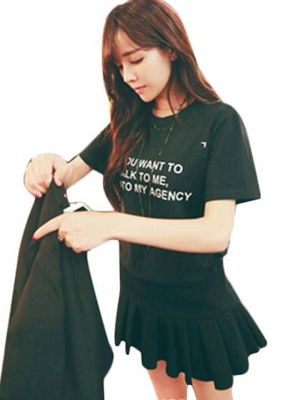 New Fashion Women Stretch Waist Plain Skater Flared Pleated Mini Skirts (Black,Size:M-L)