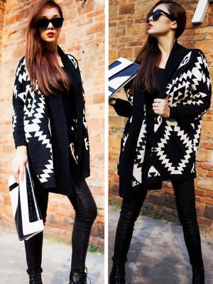 Women Fashion Open Wrap Front Long Sleeve Knit Tribal Aztec Print  Cardigan Sweaters Tops Sweaters & Cardigans