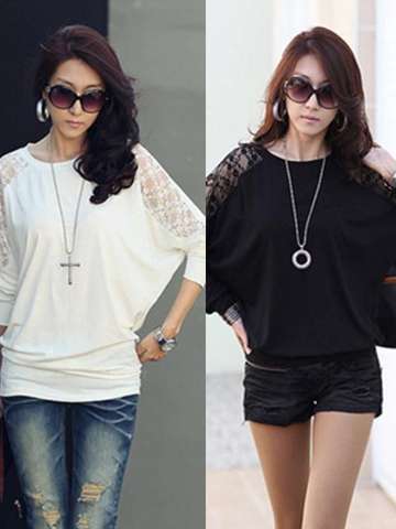Korea Style Women Batwing long Sleeves lace patchwork T-shirt Top Sweater Knitwear T-shirt