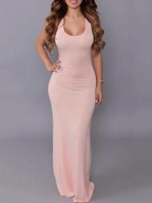 Women Sexy Bodycon Dress Long Maxi Dress  Pink Color Low Cut Hollow Out Sleeveless Slim Fit Hip Package Dress Clubwear
