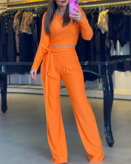 Long Sleeve Top & Tied Detail Pants Set