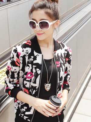 Women's Korean Style Red Lips People Image Print Short Coat Zipper Long Sleeve Baseball Jacket Unifroms
