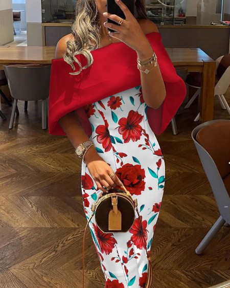 Floral Print Off Shoulder Cape Design Skinny Party Dress