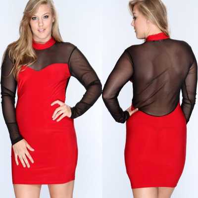 Women's Sexy Hit Color Mesh Long Sleeve Splice Slim Oversized Big Yard Perspective Mesh Dress Plus Size Dresses