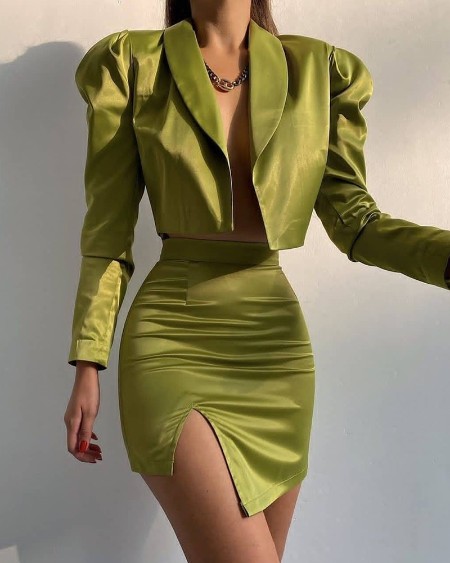 Shawl Collar Puff Sleeve Crop Top & Split Skirt Set