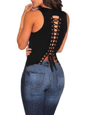 Women's Fashion New U Neck Top Vest Sleeveless Laced Top Sexy Solid Color T-shirt Top Tees