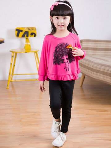 Baby Girls Spring Autumn Children Clothing Set Wild-curl Up Batwing Sleeve Cartoon Cotton Clothes Sets Suits Kids Long Sleeve Pullover Pant Suit