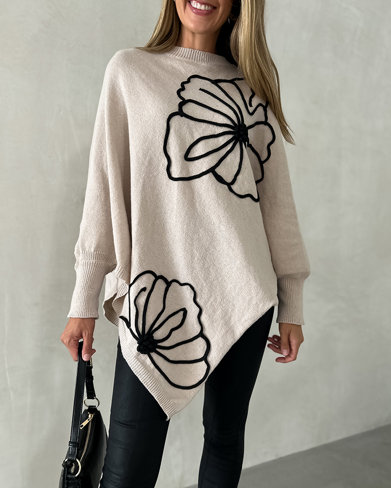 Jacquard Batwing Sleeve Asymmetrical Sweater Casual Loose Fit Top