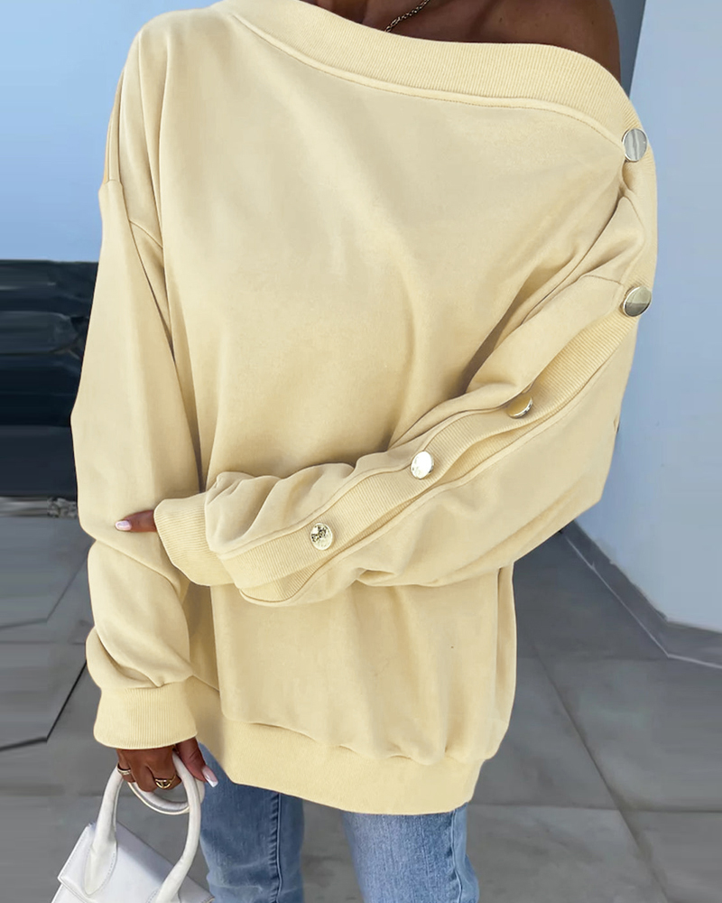 Skew Neck Buttoned Long Sleeve Sweatshirt Casual Drop Shoulder Versatile Pullover Top