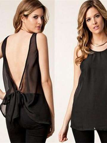 Women's Fashion Spaghetti Strap Sexy Pleated Top Blouse Backless Bowknot Chiffon Vest