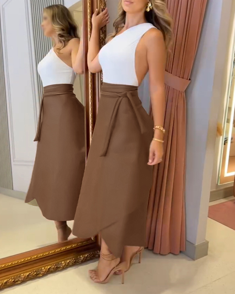 PU Leather Wrap Lace-Up Casual Mid-Length Skirt Work Skirt