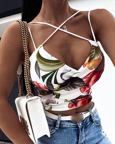 Floral Print Crisscross Spaghetti Strap Crop Top