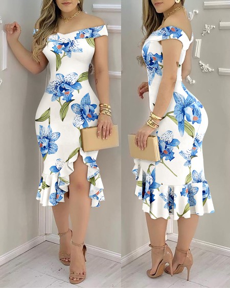 Floral Print Off Shoulder Bodycon Dress Asymmetrical Ruffle Hem Party Dress
