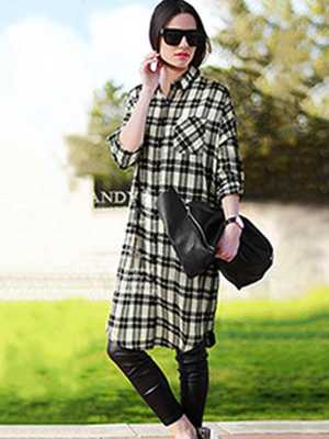 Women's Sexy Loose Oversize Checked Pocket Above Knee Long Sleeve T Shirt Dress XL/2XL/3XL/4XL/5XL
