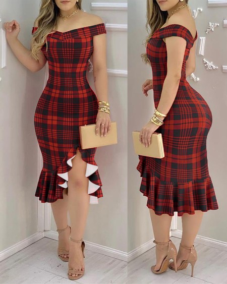 Plaid Print Off Shoulder Asymmetrical Ruffle Hem Dress Slim Fit Party Dress