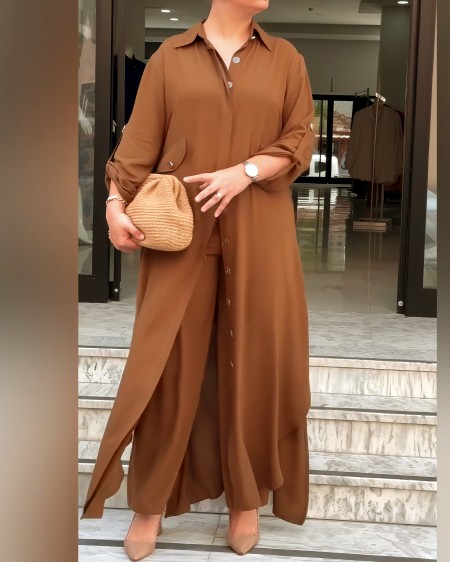 2 Pieces Outfit Turn-down Collar Long Sleeve Longline Blouse with Pockets and Casual Elastic Waist Wide Leg Pants Set