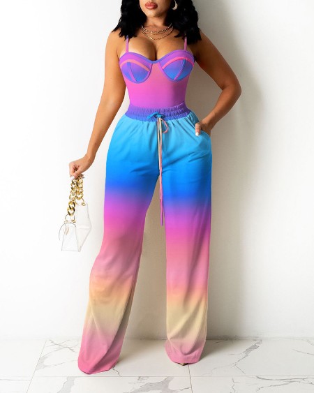 Ombre Colorblock Cami Top & Wide Legs Contrast Pipping Pants Set
