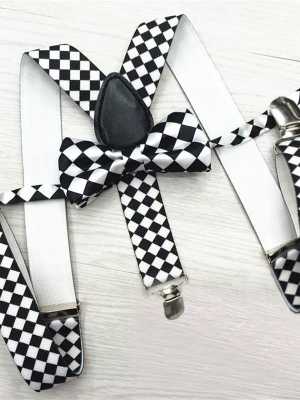 Children Kids Boy Girls Clip-on Black&White Suspenders Elastic Adjustable Braces+Classic Bow Tie