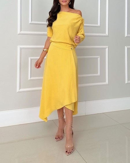 2 Piece Skew Neck Button Decor Top Asymmetrical Hem Swing Skirt Set Matching Outfits