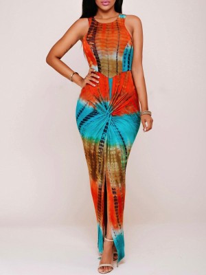 Women's Fashion Sexy Plangi Sleeveless O Neck Hip Package Split Milk Silk Casual Maxi Dress