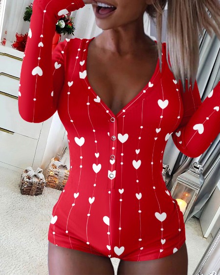 Heart Print V-Neck Long Sleeve Romper Sexy Button Front Slim Fit Onesie