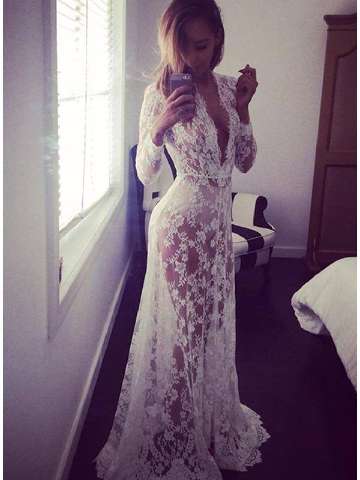 White Sexy Deep V-neck Long-sleeved Lace Perspective Tight Jumpsuit Mermaid Long Maxi Dress