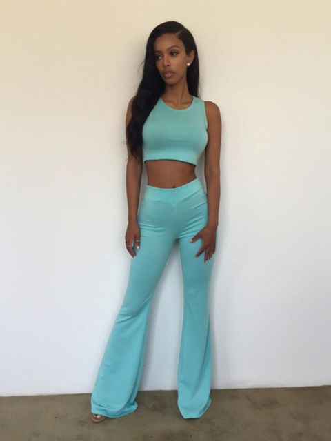Women's Fashion 2pcs Sports Suit Sets High Waist Sleeveless Vest Crop Top+Long Pants Flare Pants