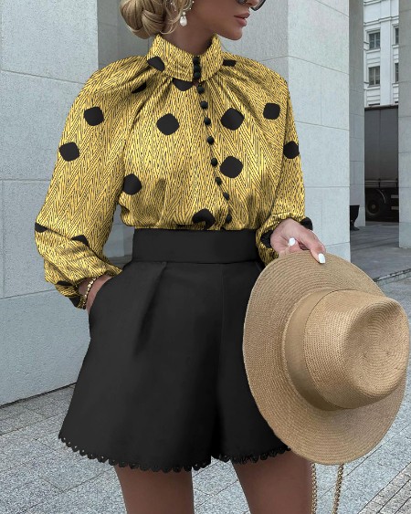 Polka Dot Button Decor Long Sleeve Top & Solid Shorts Set