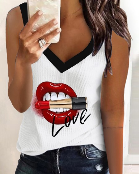 Mouth Print V-neck Waffle Check Patchwork Top