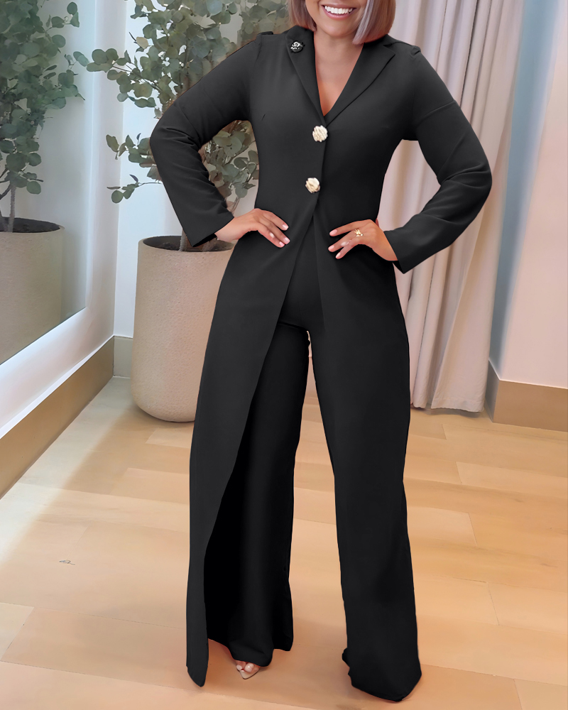 Notched Collar Long Sleeve Button Front Jumpsuit Casual Cinched Waist Wide Leg Faux Two-Piece Jumpsuit