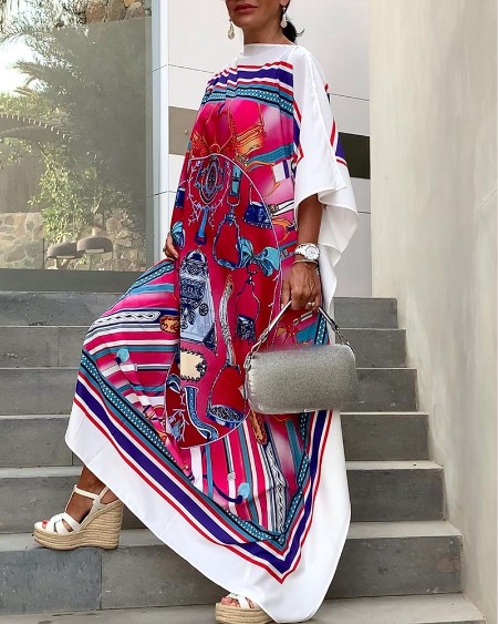 Baroque Print Batwing Sleeve Casual Maxi Dress