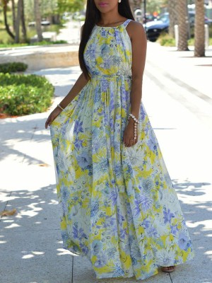 Fashion Women's Sleeveless Backless Floral Print Halter Long Dress Bohemian Beach Maxi Dress