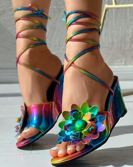 Ombre Floral Pattern Strappy Wedge Sandals