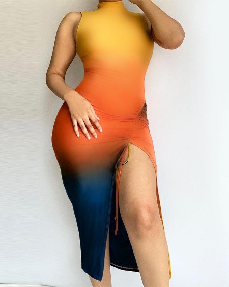 Ombre Colorblock High Slit Midi Dress