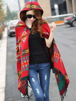 Women's Bohemian Hooded Ethnic Cloak Cape Cappa Korean Thickened Warm Scarves Winter Shawl