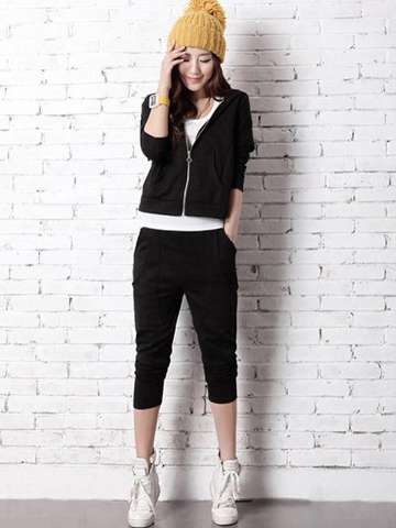 2PCS Women's Fashion Simple Design Short Zipper Baseball Jacket Hoodies + Casual Pants Suit
