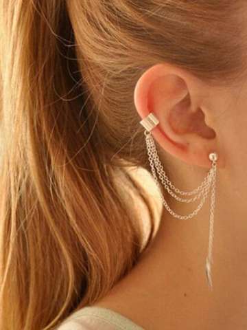 Women Girl Stylish Punk Rock Leaf Chain Tassel Dangle Ear Cuff Wrap Earring Sterling Golden Earrings