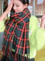Korean Autumn Winter Ultralong Wool Spinning Deep Green Grid Scarf Unisex Warm Scarves Shawl