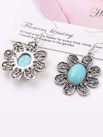 Elegant Women Silver Plated Turquoise Dangle Earrings Inlayed Green Stone Party Flower Drop Earrings For Women