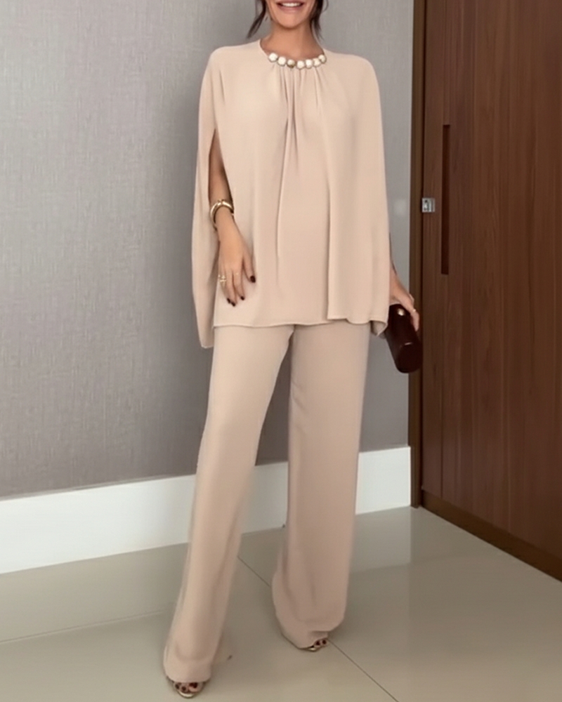 2 Pieces Outfit Elegant Pearl Embellished Split Sleeve Top and Casual Wide Leg Pants Set