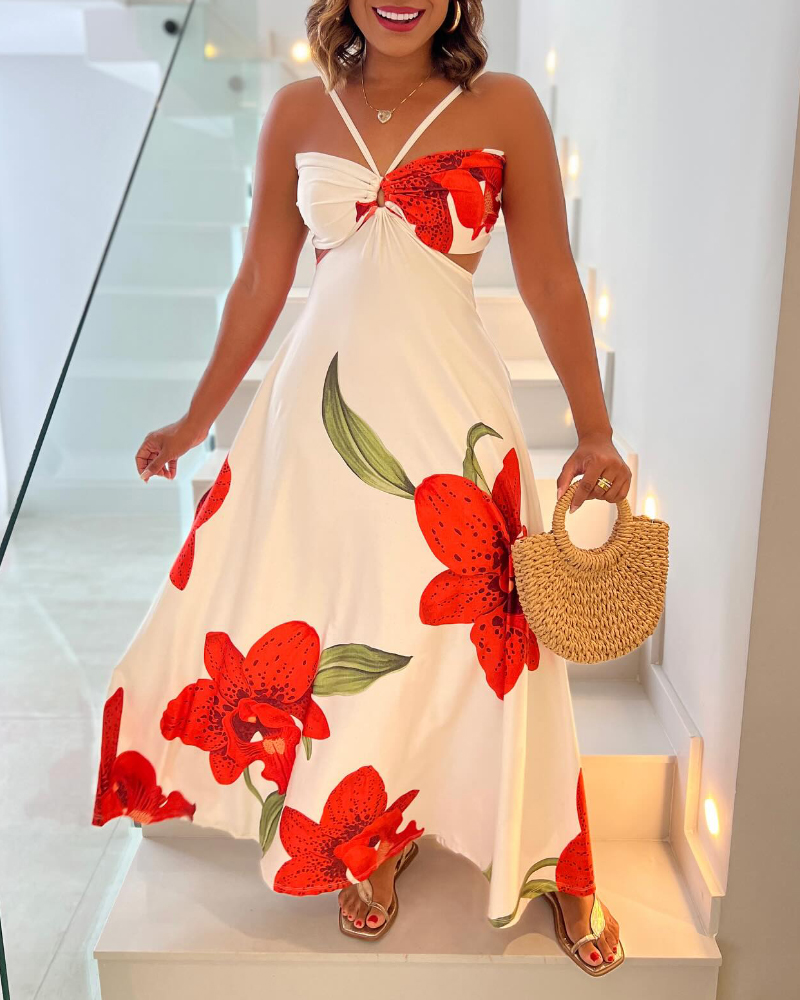 Floral Print Halter Tie Sleeveless Hollow-out Front Maxi Dress Casual Cutout Waist Backless Tie Back Vacation Dress