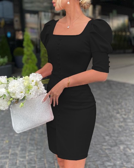 Puff Sleeve Button Design Square Neck Dress