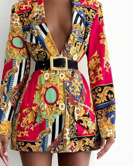 Scarf Print Lapel Collar Flap Detail Double Breasted Blazer