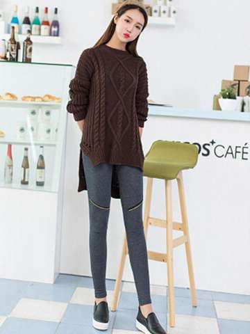 New Fashion Pop Fitness Women Cotton Leggings Knee Zipper Stitching Leggings Thin Elegant Pants