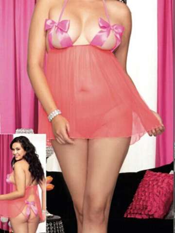 Women's Fashion Pink Color Plus Size Sexy Gauze Mesh Lingerie Pajamas Dress