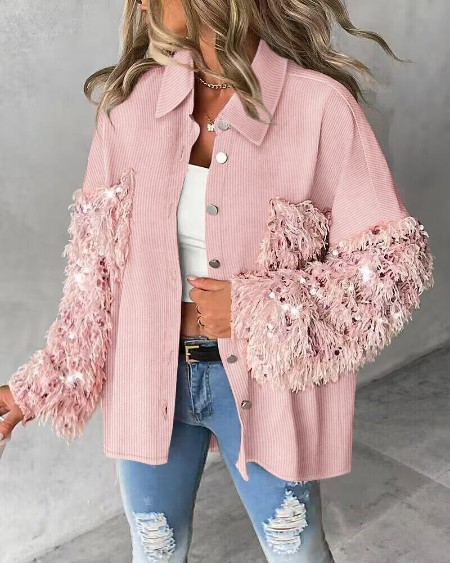 Contrast Sequin Turn-down Collar Long Sleeve Tassel Design Fuzzy Shacket with Pocket